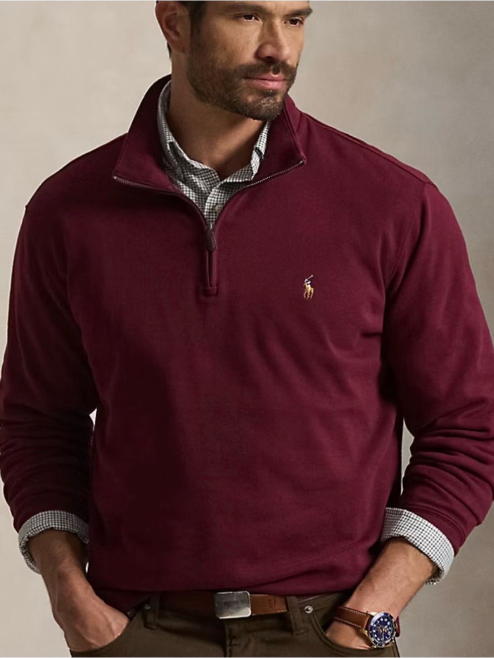 Polo Ralph Lauren Burgundy Shirt Estate Rib Quarter-Zip Pullover Mens Medium